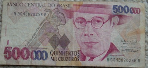 A 500,000 Cruzeiros bill issued during the high inflation period