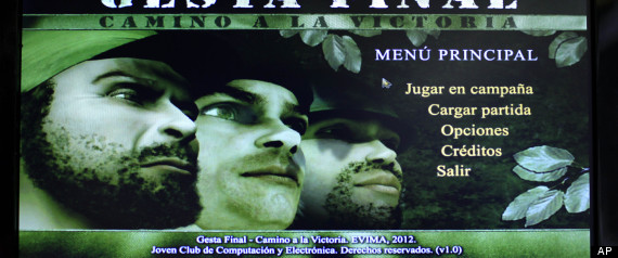 This March 22, 2013 photo, shows a video screen displaying the menu page for the game "Gesta Final" - which translates roughly as "Final Heroic Deed," at a technology fair in Havana, Cuba. Island programmers have unveiled the brand new 3-D shoot-'em-up video game that puts a distinctly Cuban twist on gaming, letting players recreate decisive clashes from the 1959 revolution and giving youngsters a taste of the uprising in which many of their grandparents fought.(AP Photo/Franklin Reyes)