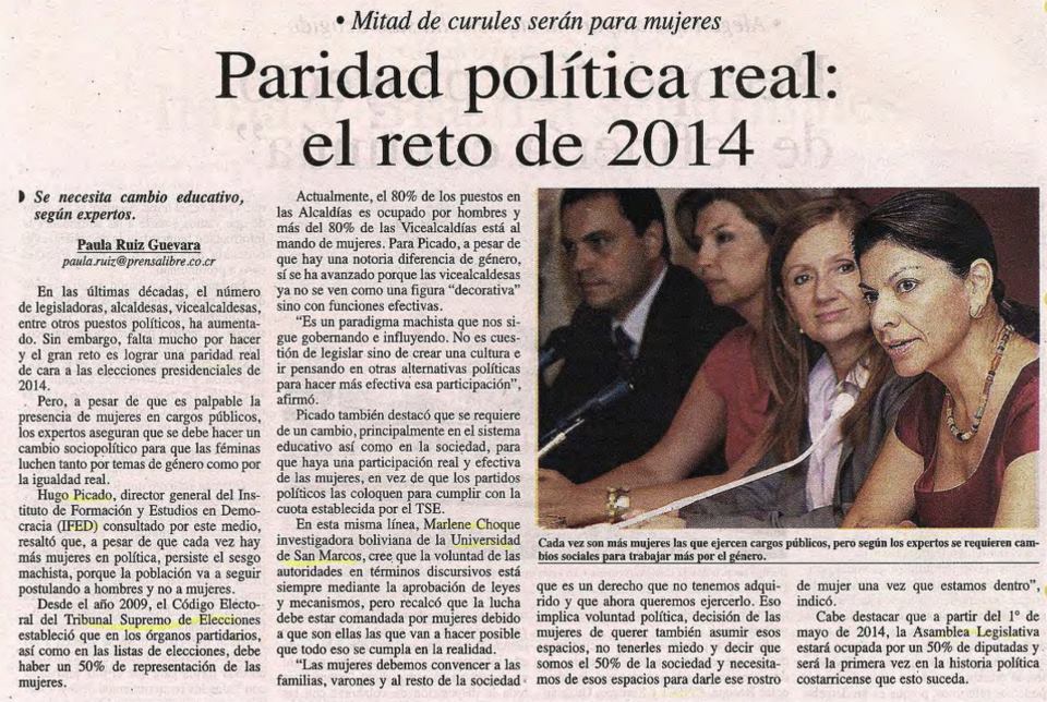 Prensa libre article on the new alterations to the quota system that aim to bring about parity starting in 2014