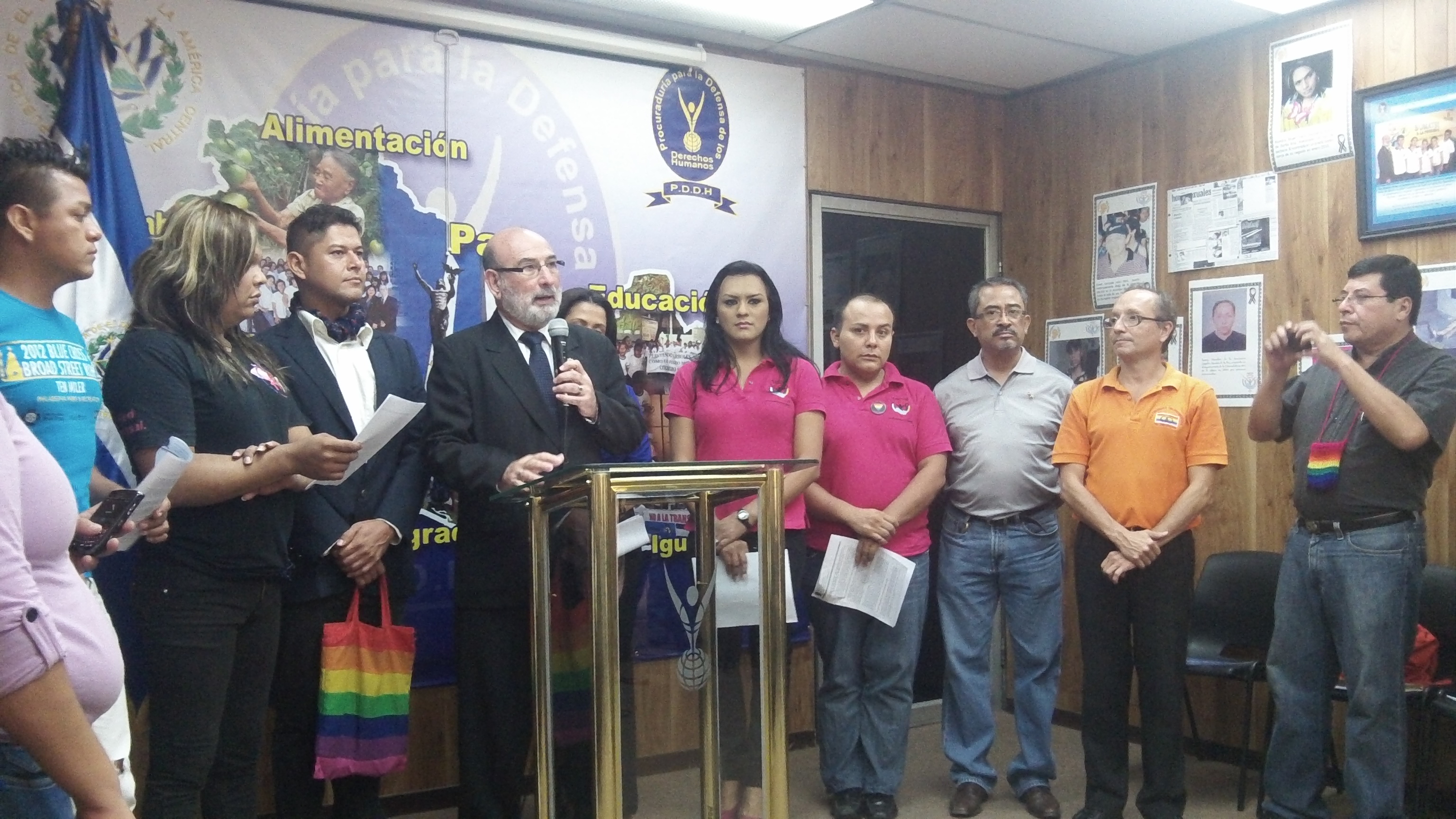 Former Human Rights Ombudsman Oscar Luna and sexual diversity activists give a press conference about impunity in assassinations of LGBTQ individuals on May 17, 2013. Photo source: Danielle Marie Mackey