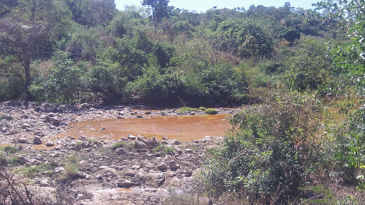 The San Sebastian River, the main water source for the community of San Sebastian, left contaminated by a defunct mining operation. The U.S.-based company responsible for the contamination, Commerce Group, is now suing the Salvadoran government for permission to renew mining activities. Photo source: Danielle Marie Mackey