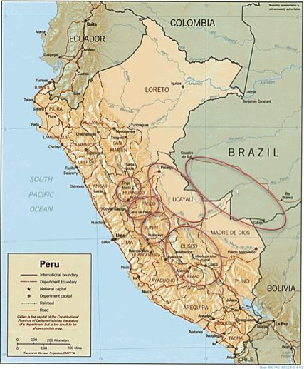 Asháninka general locations in Perú and Brazil.